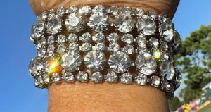 Vintage Weiss Style Austrian Crystal Rhinestone Cuff Bracelet – Wide 32.5mm 7 Inch Statement with Secure Clasp – Possibly Unsigned Weiss