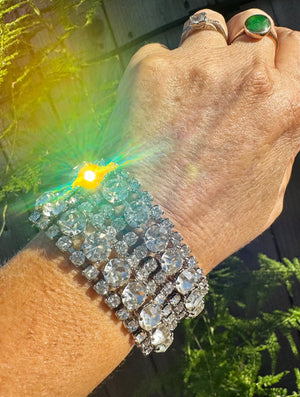 Vintage Weiss Style Austrian Crystal Rhinestone Cuff Bracelet – Wide 32.5mm 7 Inch Statement with Secure Clasp – Possibly Unsigned Weiss