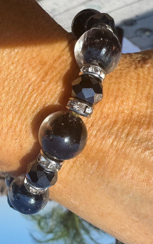 One-of-a-Kind Czech or Venetian Lampwork Bracelet – Handmade 14mm Hand Blown Glass Beads, Swirl Purple Black, Rhinestone Rondelles
