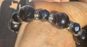 One-of-a-Kind Czech or Venetian Lampwork Bracelet – Handmade 14mm Hand Blown Glass Beads, Swirl Purple Black, Rhinestone Rondelles