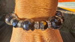 One-of-a-Kind Czech or Venetian Lampwork Bracelet – Handmade 14mm Hand Blown Glass Beads, Swirl Purple Black, Rhinestone Rondelles