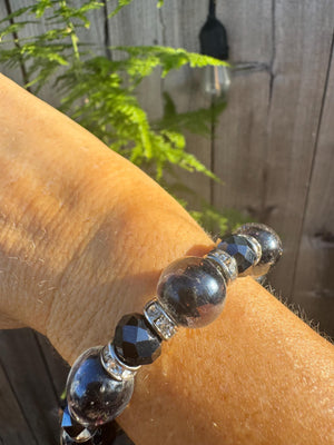 One-of-a-Kind Czech or Venetian Lampwork Bracelet – Handmade 14mm Hand Blown Glass Beads, Swirl Purple Black, Rhinestone Rondelles
