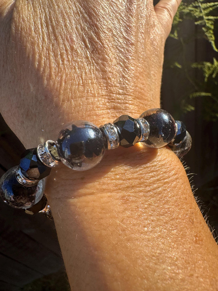 One-of-a-Kind Czech or Venetian Lampwork Bracelet – Handmade 14mm Hand Blown Glass Beads, Swirl Purple Black, Rhinestone Rondelles