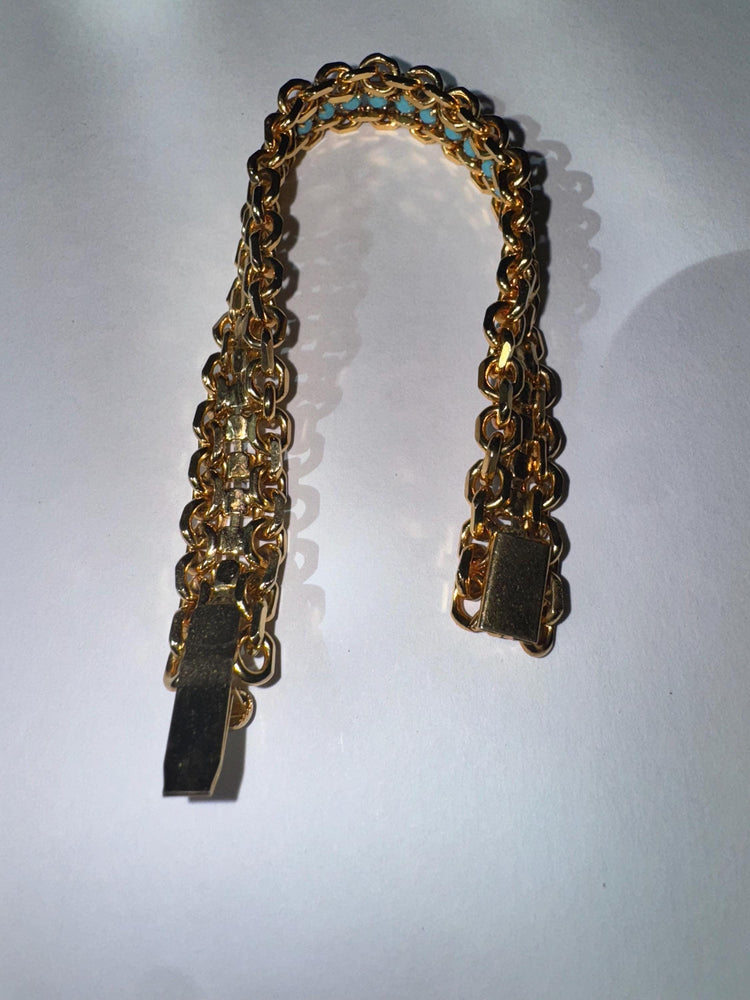 Vintage 1960s Gold Tone Link Bracelet with Turquoise Blue Glass Beads, 10.5mm  Wide Mid Century Costume Jewelry