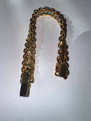 Vintage 1960s Gold Tone Link Bracelet with Turquoise Blue Glass Beads, 10.5mm  Wide Mid Century Costume Jewelry