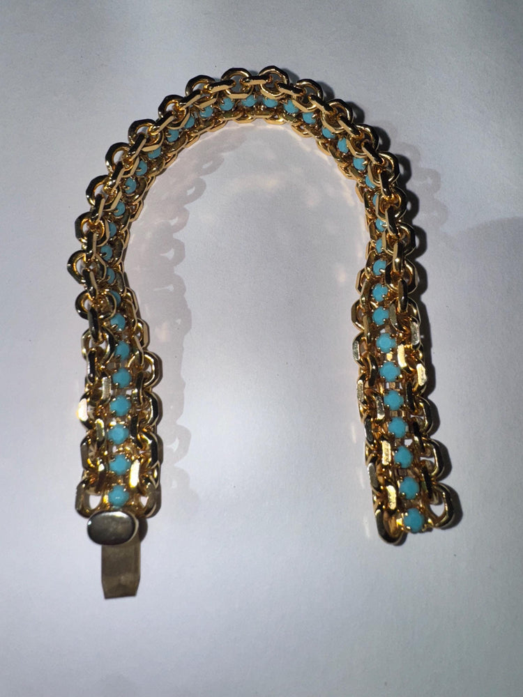 Vintage 1960s Gold Tone Link Bracelet with Turquoise Blue Glass Beads, 10.5mm  Wide Mid Century Costume Jewelry