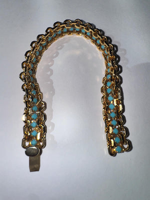 Vintage 1960s Gold Tone Link Bracelet with Turquoise Blue Glass Beads, 10.5mm  Wide Mid Century Costume Jewelry