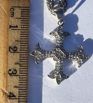 Vintage Sterling Silver Cross Necklace – Gothic Fleur-de-Lis Patonce Cross Pendant with Pavé CZ – Maltese Style – 925 Silver