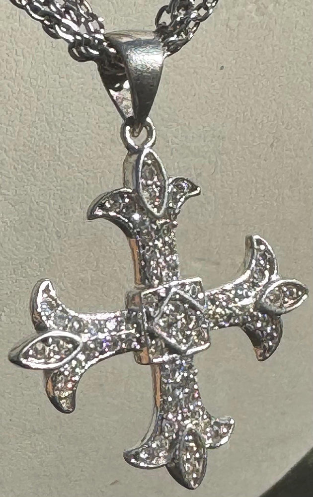 Vintage Sterling Silver Cross Necklace – Gothic Fleur-de-Lis Patonce Cross Pendant with Pavé CZ – Maltese Style – 925 Silver