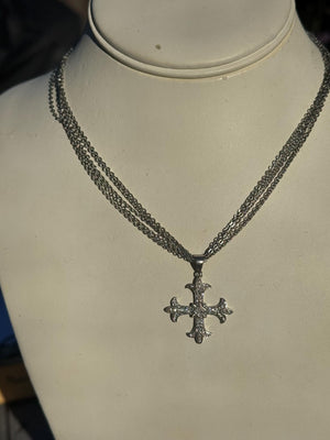 Vintage Sterling Silver Cross Necklace – Gothic Fleur-de-Lis Patonce Cross Pendant with Pavé CZ – Maltese Style – 925 Silver