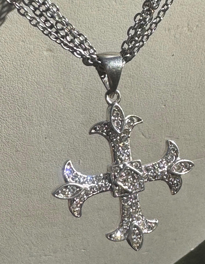 Vintage Sterling Silver Cross Necklace – Gothic Fleur-de-Lis Patonce Cross Pendant with Pavé CZ – Maltese Style – 925 Silver