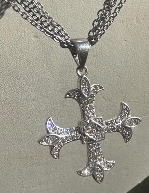 Vintage Sterling Silver Cross Necklace – Gothic Fleur-de-Lis Patonce Cross Pendant with Pavé CZ – Maltese Style – 925 Silver