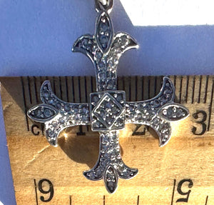 Vintage Sterling Silver Cross Necklace – Gothic Fleur-de-Lis Patonce Cross Pendant with Pavé CZ – Maltese Style – 925 Silver