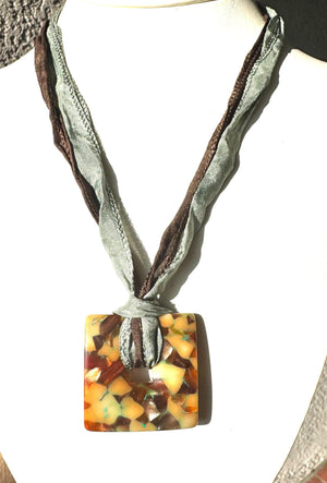Artisan Resin Pendant Necklace with Sterling Silver JC 925 Findings on Silk Ribbon 1.5 Inches