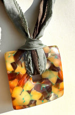 Artisan Resin Pendant Necklace with Sterling Silver JC 925 Findings on Silk Ribbon 1.5 Inches