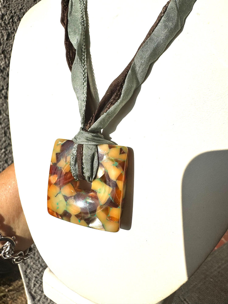 Artisan Resin Pendant Necklace with Sterling Silver JC 925 Findings on Silk Ribbon 1.5 Inches