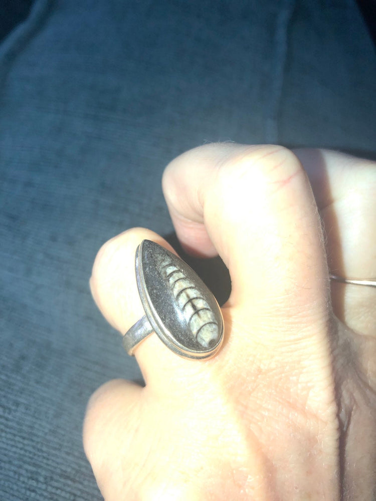 Beautiful fossil black and white ring sterling silver size 6.25 orthoceras tear drop beautiful specimen