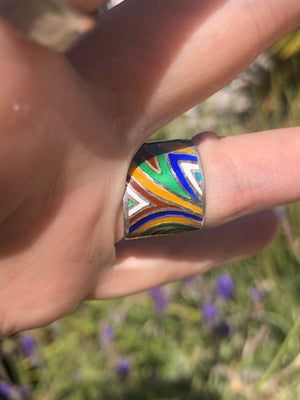 Vintage enamel rainbow thick band ring Mexico size 5.5 just so unique and unusual vibrant