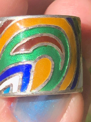 Vintage enamel rainbow thick band ring Mexico size 5.5 just so unique and unusual vibrant