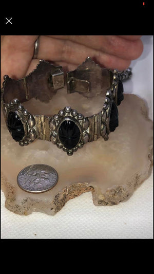 Vintage antique black onyx masks link bracelet sterling silver 925 ethnic - Native