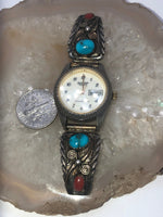 Vintage Native American Indian Turquoise Red Coral Sterling Silver Watch Tips