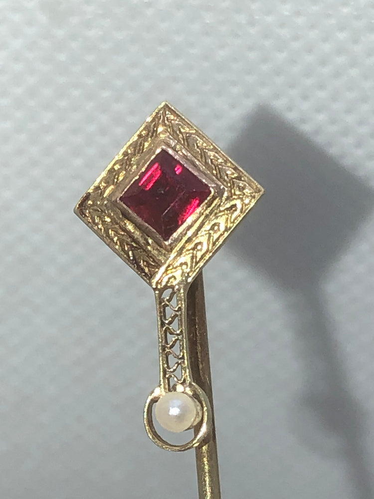 Victorian Antique 14 K Ruby Seed Pearl Stick Pin Stunning Art Deco