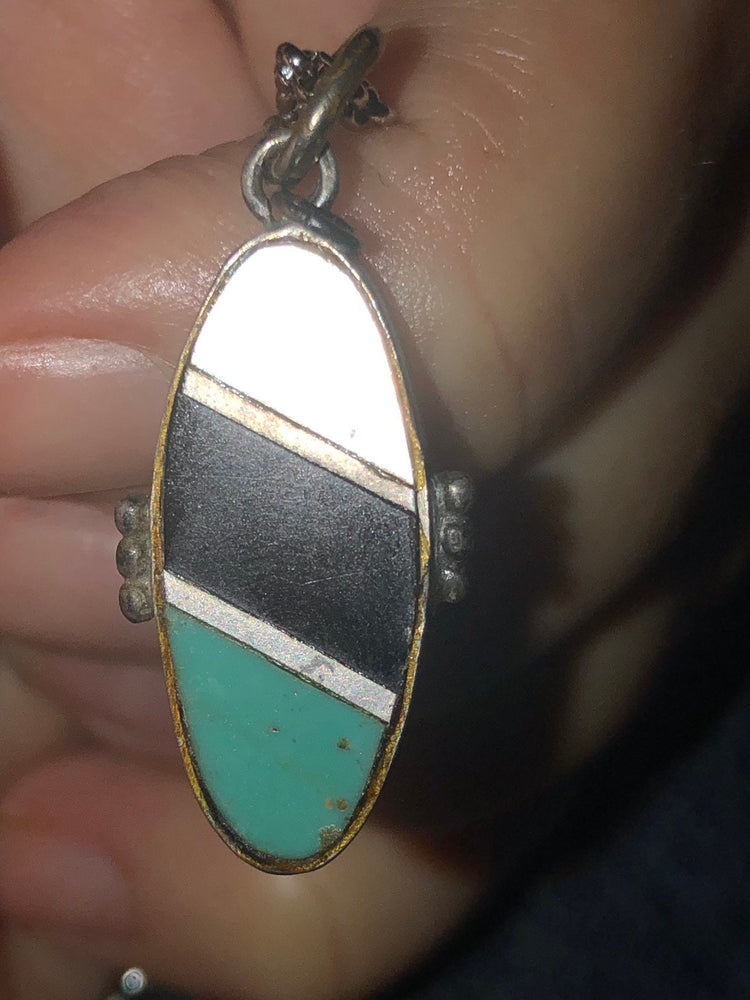 Vintage Native American Indian turquoise inlaid sterling silver pendant chain mop black onyx reversible