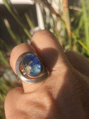 Vintage Modernist Foil Spot Art Glass Ring Abstract Blue Sterling Silver 925 Ring Size 5.5