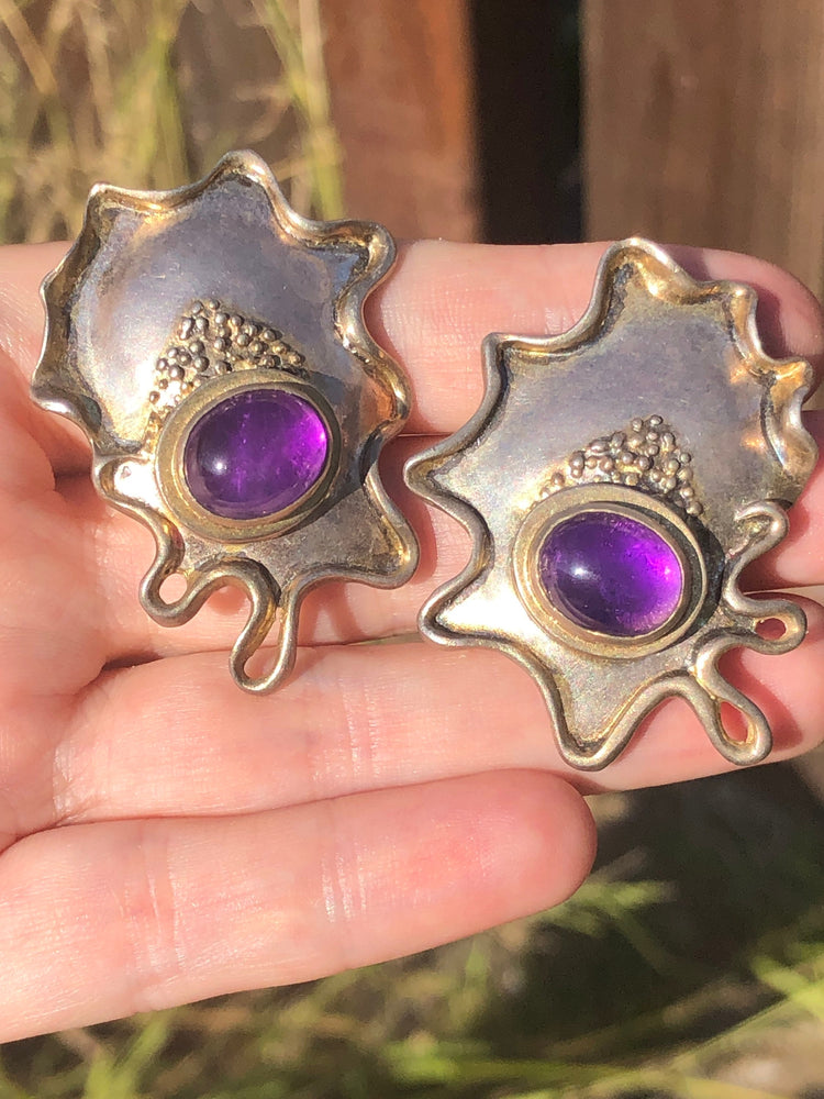 Vintage designers William and Shellie Sterling silver amethyst modernist brutalist earrings clip on stunning abstract very rare!! Unique