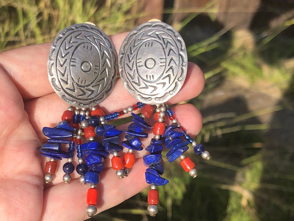 Vintage southwestern Sterling silver Concho clip on earrings lapis lazuli red coral Mexico Taxco 925