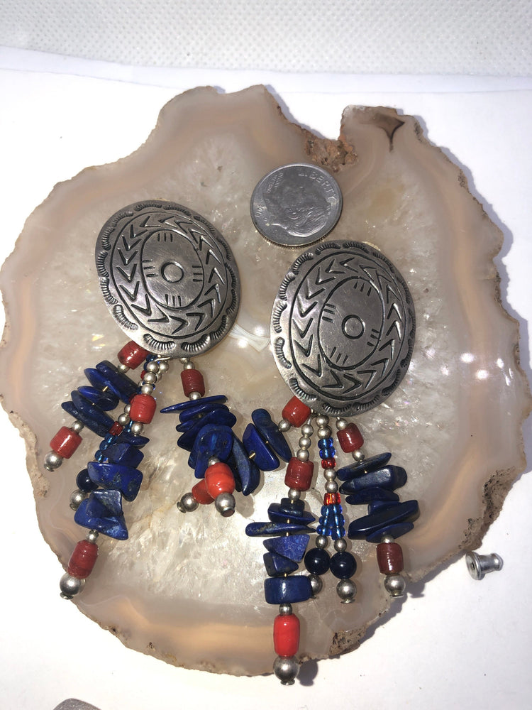 Vintage southwestern Sterling silver Concho clip on earrings lapis lazuli red coral Mexico Taxco 925