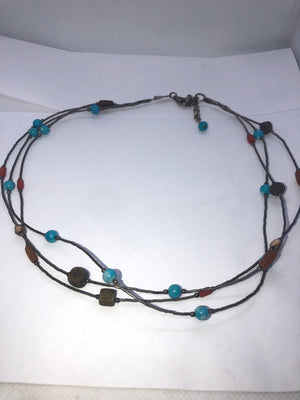 Vintage Three-strand Liquid Silver Gemstone Necklace - Sterling Turquoise Red Coral Amber Wood - 19.4 Inches - Southwestern