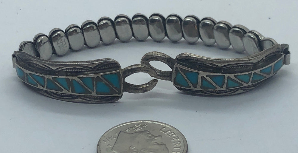 Vintage Inlaid Turquoise Native American Indian Watch Tips Sterling Silver