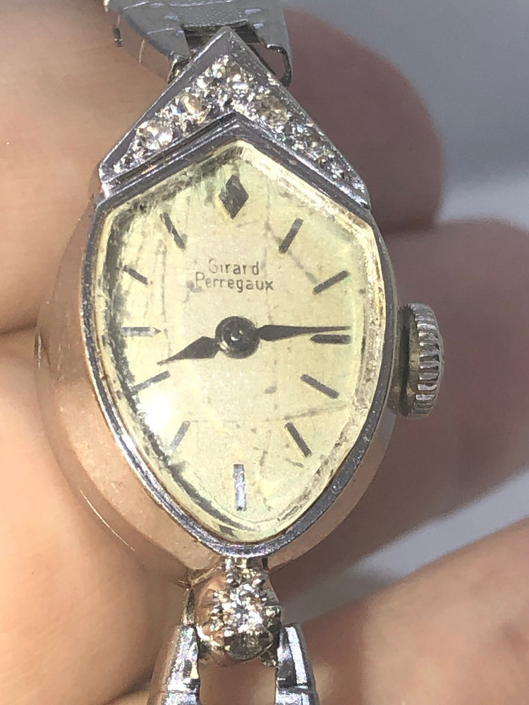 Antique vintage Girard Perregaux Designer 14 karat white gold ladies wristwatch six genuine diamonds 14k kt Art Deco runs well