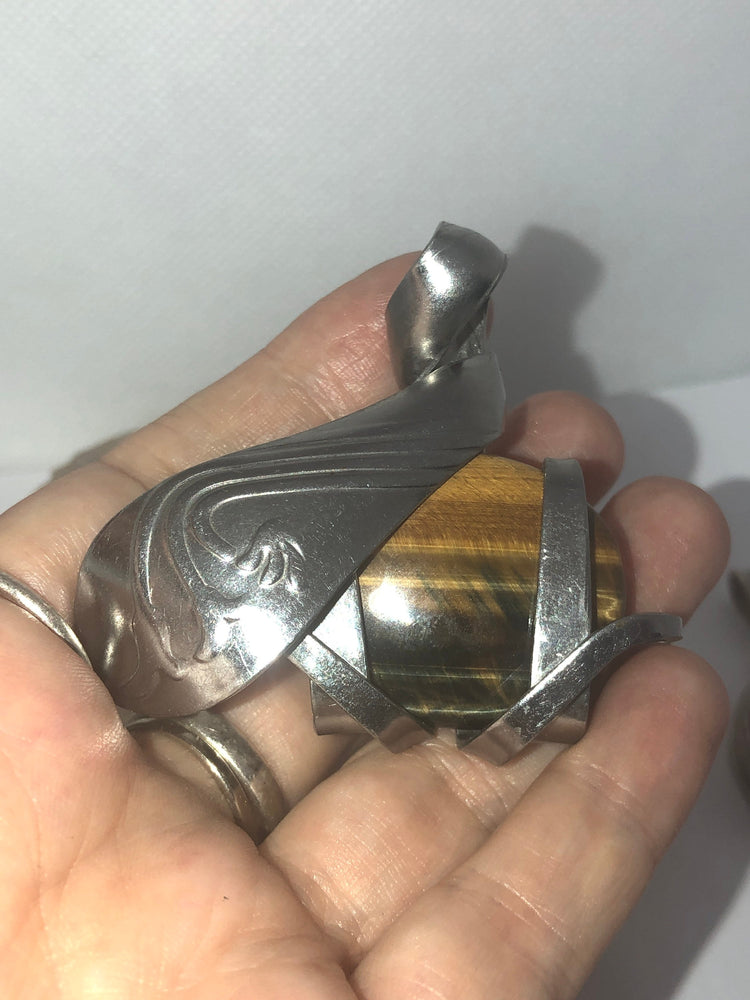 Vintage Unique Silver Fork - Utensil Pendant For necklace Tigers Eye Gemstone Huge Modernist