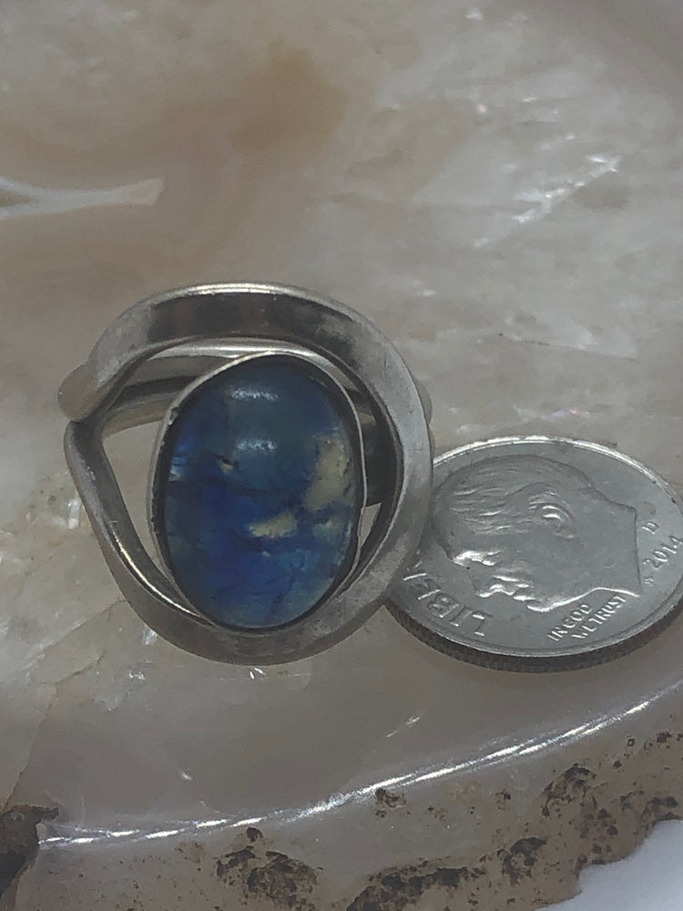 Vintage Modernist Foil Spot Art Glass Ring Abstract Blue Sterling Silver 925 Ring Size 5.5