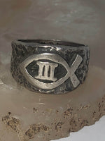 Vintage Fish Jesus Sterling Silver Wide Band Ring Religious 925 Pounded Size 8.75