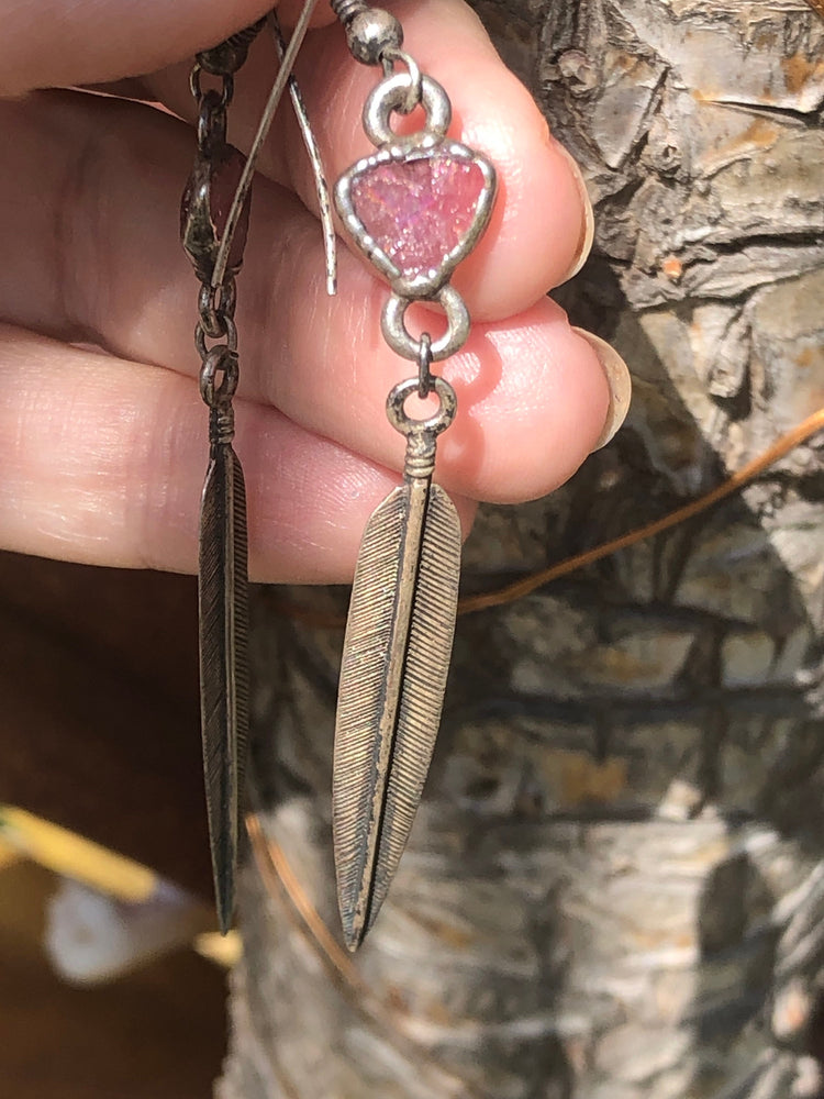 Vintage Native American feather pink feldspar? Crystal earrings sterling silver