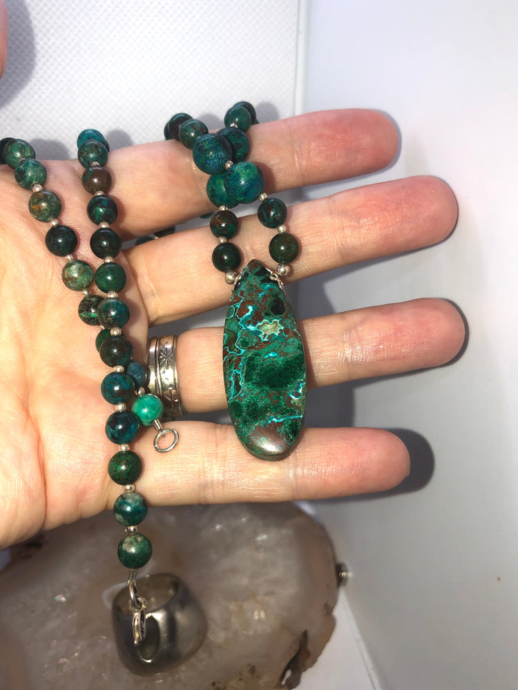 Vintage green Chrysocolla Beaded necklace/pendant 18.75 inches long sterling silver beads and clasp Southwestern