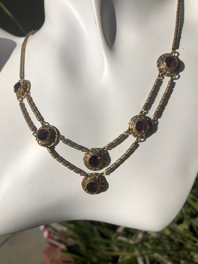 Antique vintage Purple amethyst colored art glass bib necklace Art deco Egyptian revival Beautiful and unusual Victorian