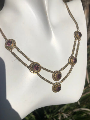 Antique vintage Purple amethyst colored art glass bib necklace Art deco Egyptian revival Beautiful and unusual Victorian