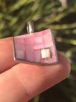 Unusual Vintage abstract square Checkerboard mother of pearl shell pendant 4 necklace unusual modernist Sterling silver 925 Asymmetrical