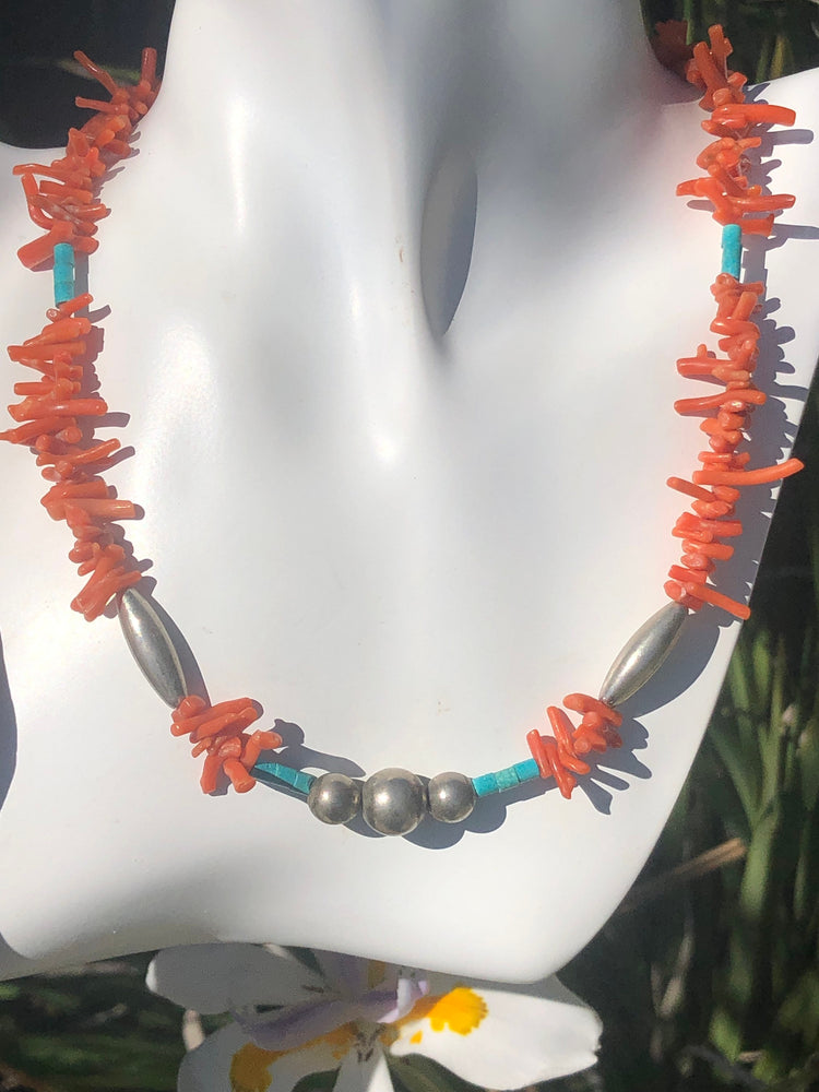 Vintage Native American Indian red branch coral turquoise sterling silver beaded choker necklace Navajo pearls southwestern