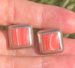 Vintage Mexico Taxco sterling silver pink and white swirl rhodochrosite gemstone earrings square modernist 925