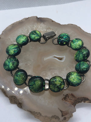 Vintage green blue Dichroic glass beaded bracelet firey green dragon glass silver tone