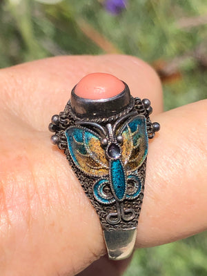 Beautiful Chinese cloisonné sterling silver gilt butterfly ring angel skin coral shell Size 9