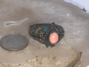 Beautiful Chinese cloisonné sterling silver gilt butterfly ring angel skin coral shell Size 9