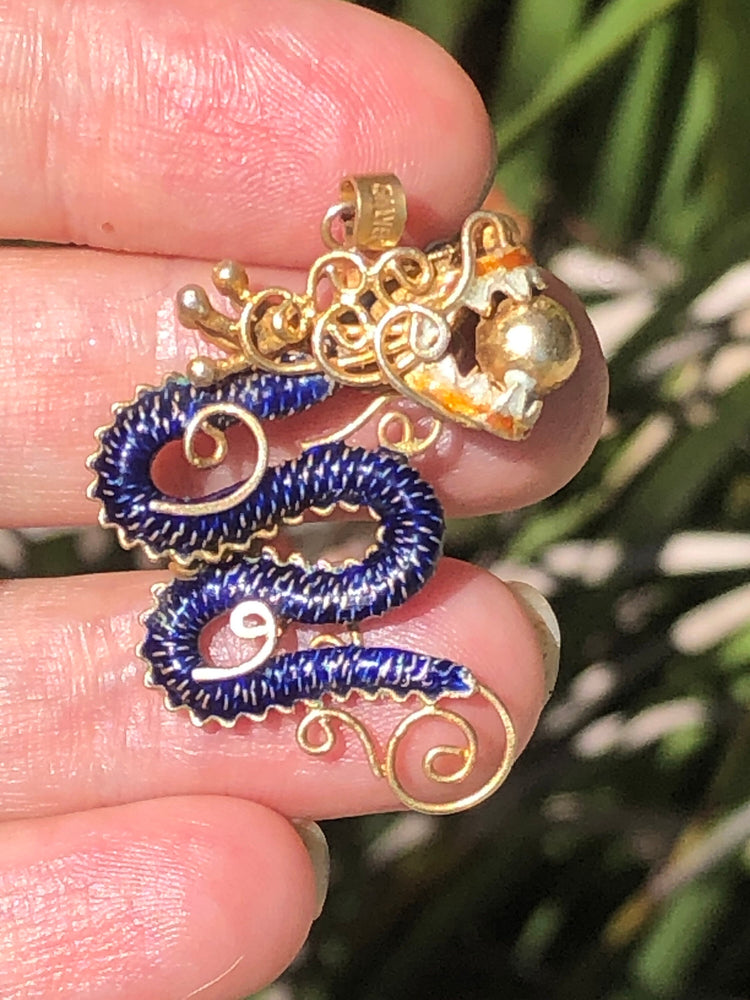 Vintage antique Chinese export silver gold guilt vermeil blue enamel dragon pendant 4 necklace serpent Great condition