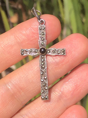 Vintage gemstone marcasite black onyx crucifix cross religious Pendant for a necklace Sterling silver 925