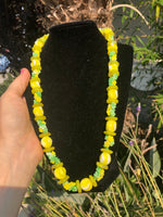 Gorgeous vintage antique bright yellow & green glass flowers beaded necklace